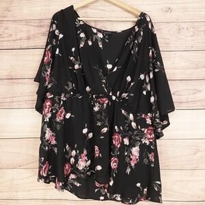 Torrid Blouse Womens Plus 3 Black Floral V-Neck Kimono Sleeve Chiffon Tunic